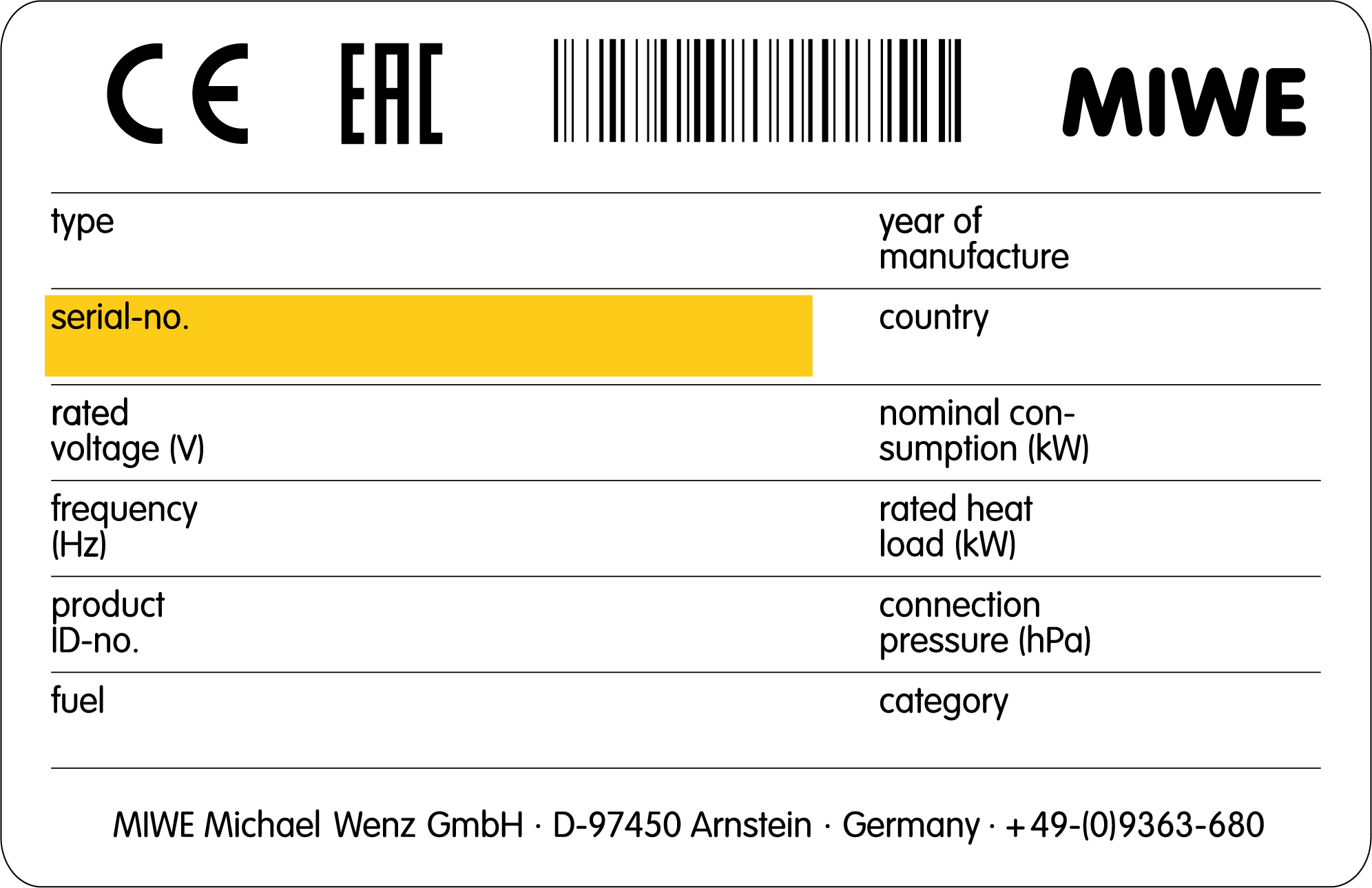 Esempio di targhetta di tipo MIWE